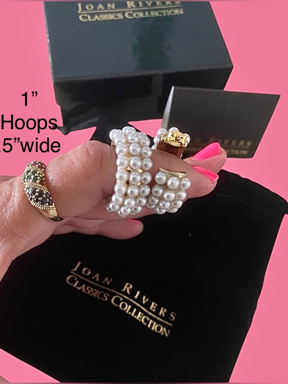 Joan Rivers New White Faux Pearls 1” Hoop Earrings